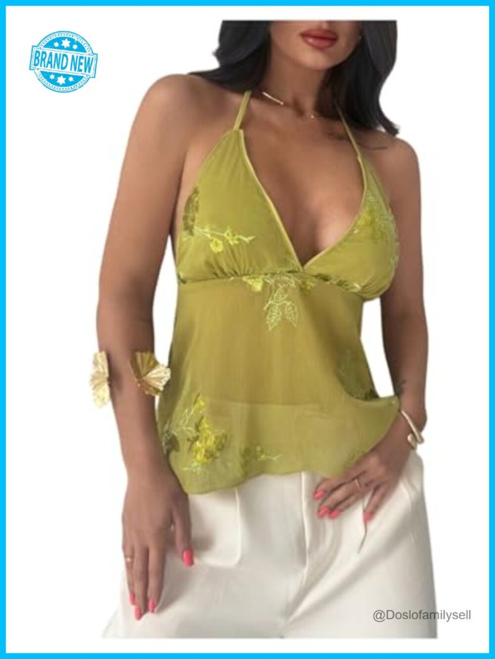 Y2k Floral Sequin Halter Top Low Cut Backless Sheer Chiffon Ruffle Flowy Tank